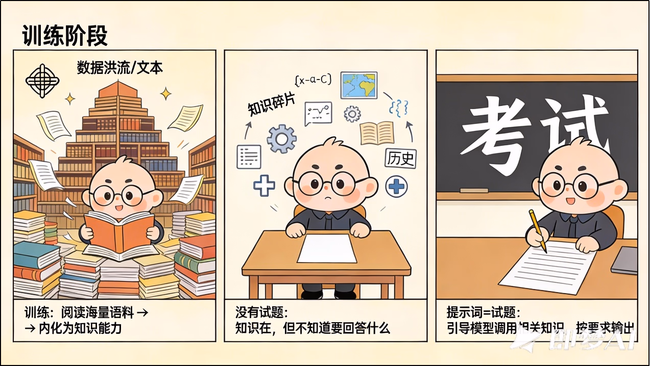 提示词帮助模型明确角色、任务、参考资料和输出要求的示意图